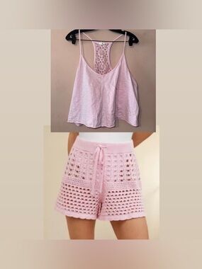 Aerie Light Pink Crochet Shorts / Summer House Tank Top Set Size XL NWOT!